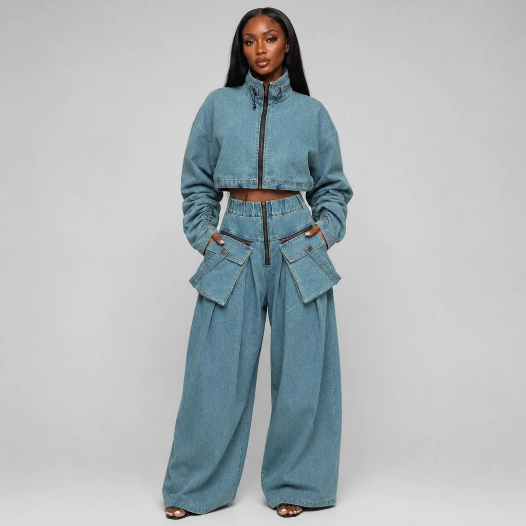 Cropped Utility Denim Cargo Set WHD0607033