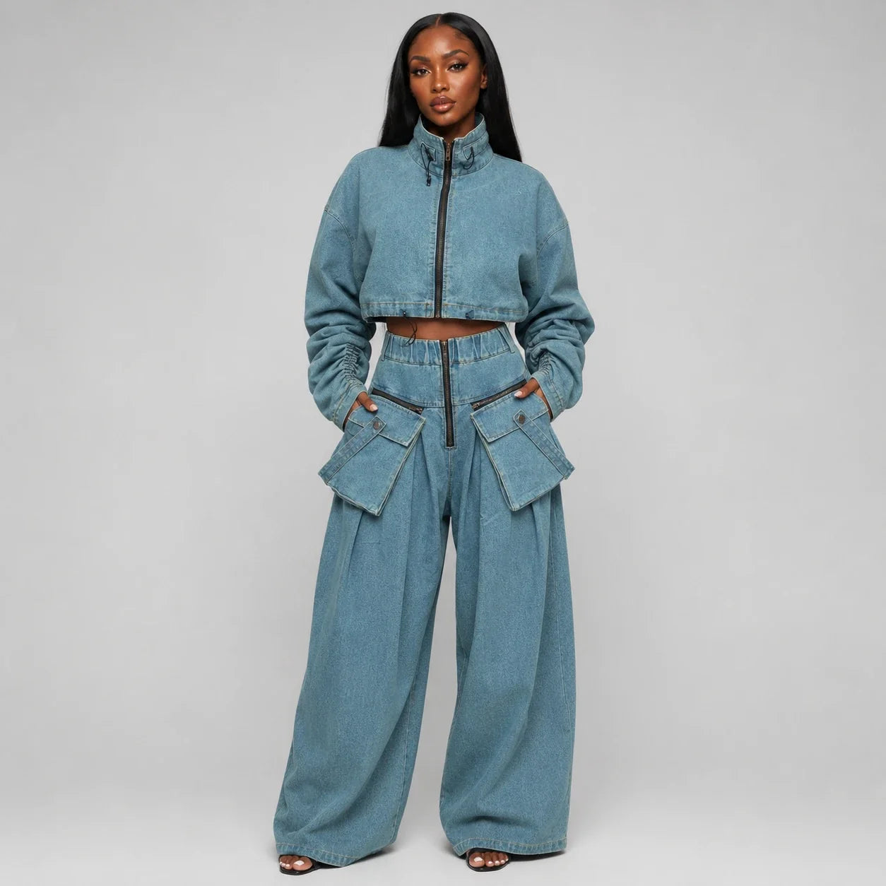Cropped Utility Denim Cargo Set WHD0607033