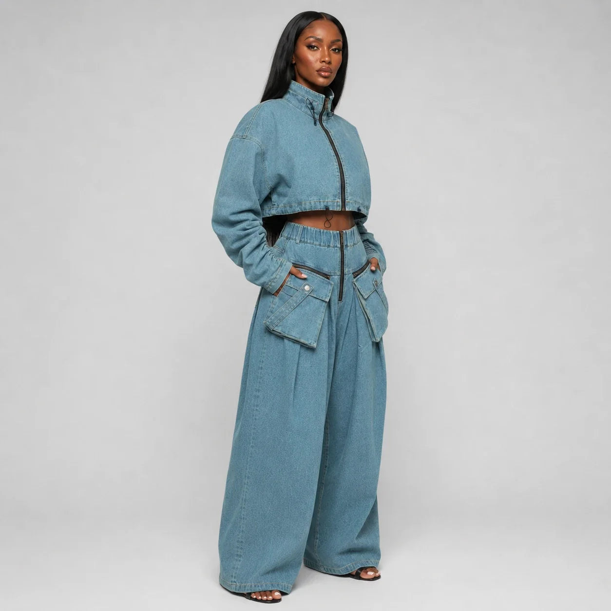 Cropped Utility Denim Cargo Set WHD0607033