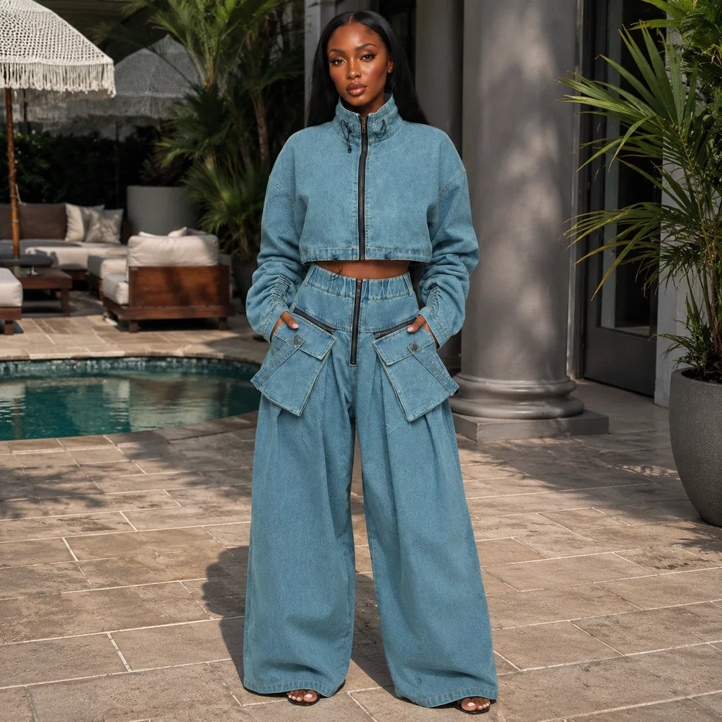 Cropped Utility Denim Cargo Set WHD0607033