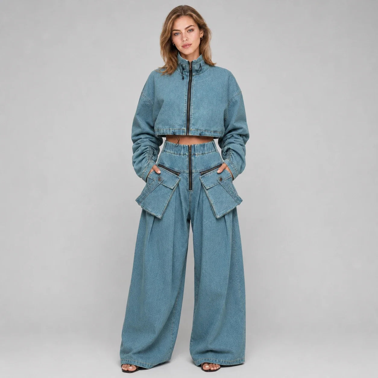 Cropped Utility Denim Cargo Set WHD0607033