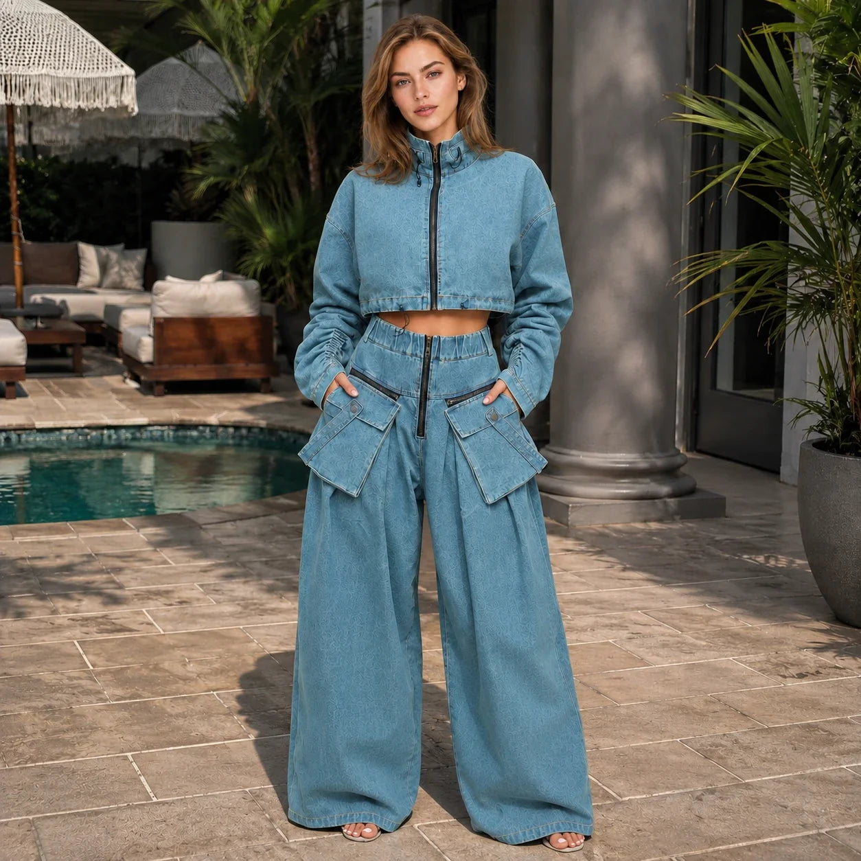 Cropped Utility Denim Cargo Set WHD0607033