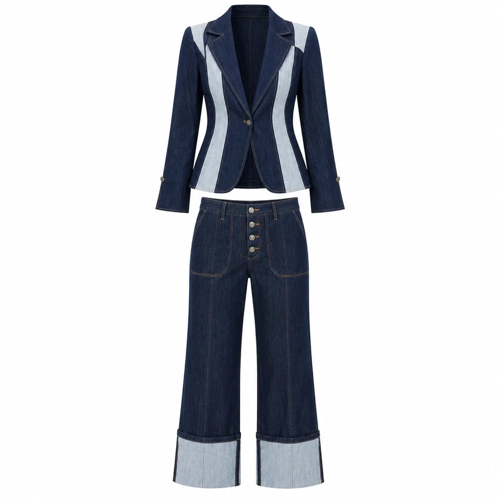 Contrast Panel Denim Suit Set WHD0607034