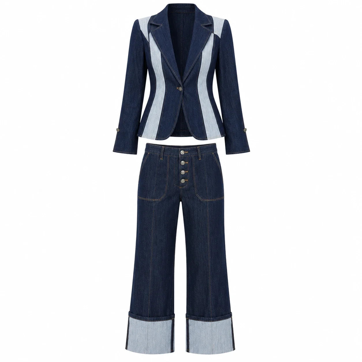 Contrast Panel Denim Suit Set WHD0607034