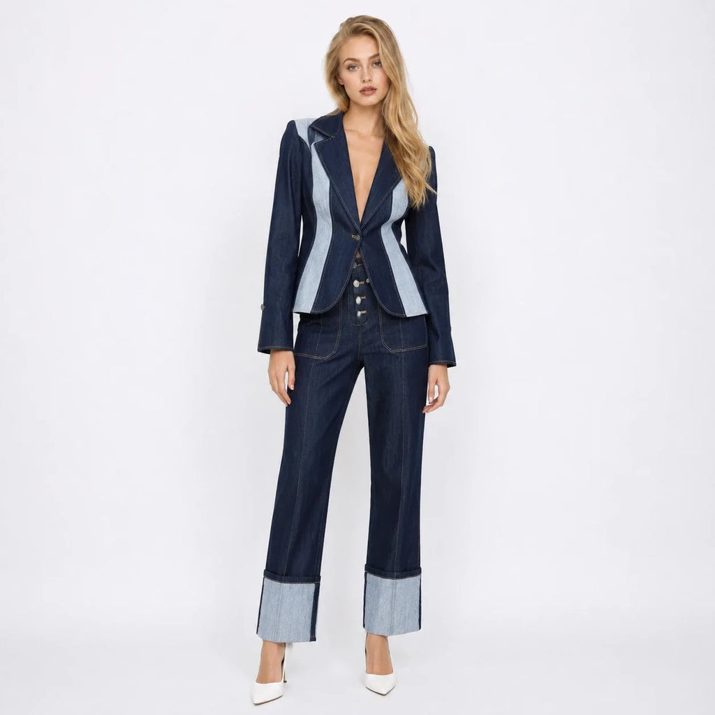 Contrast Panel Denim Suit Set WHD0607034