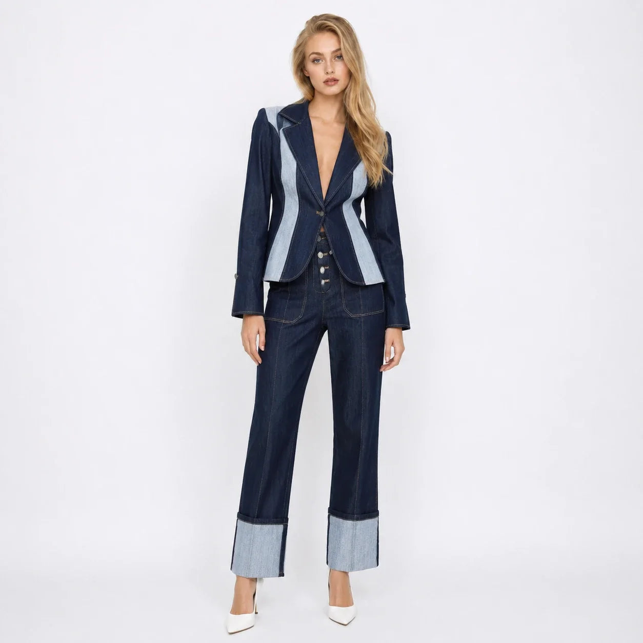 Contrast Panel Denim Suit Set WHD0607034