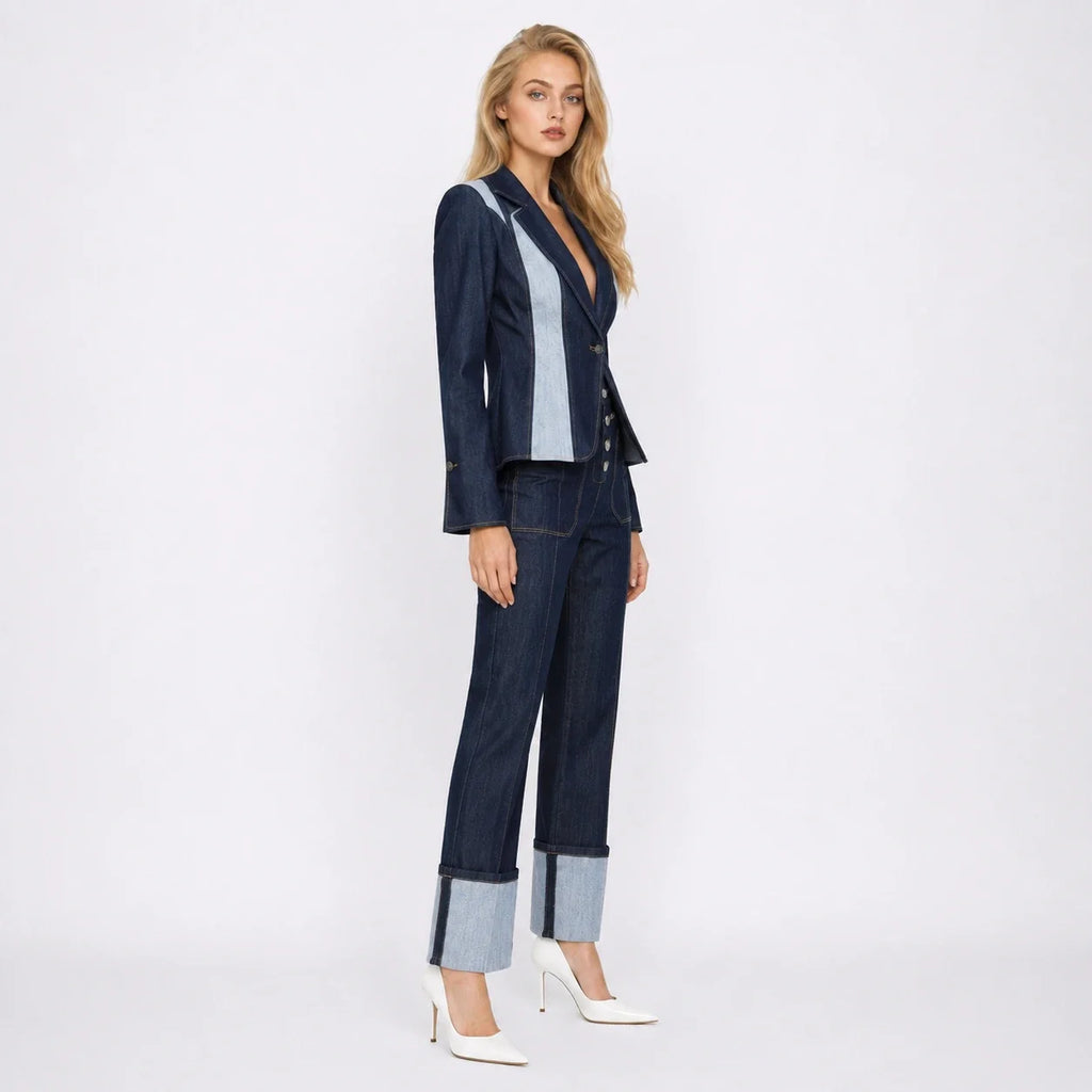 Contrast Panel Denim Suit Set WHD0607034