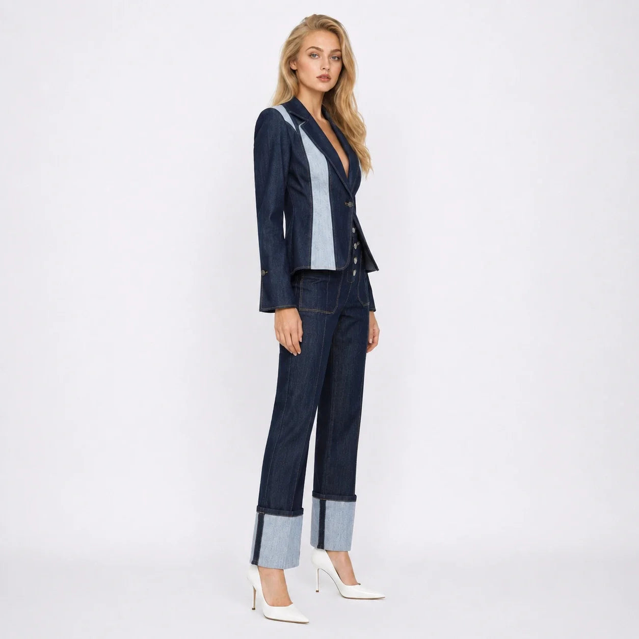 Contrast Panel Denim Suit Set WHD0607034
