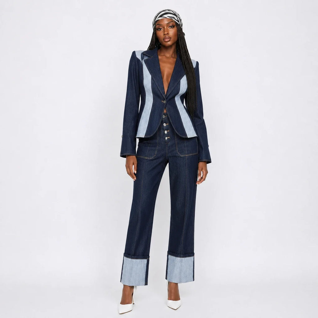 Contrast Panel Denim Suit Set WHD0607034