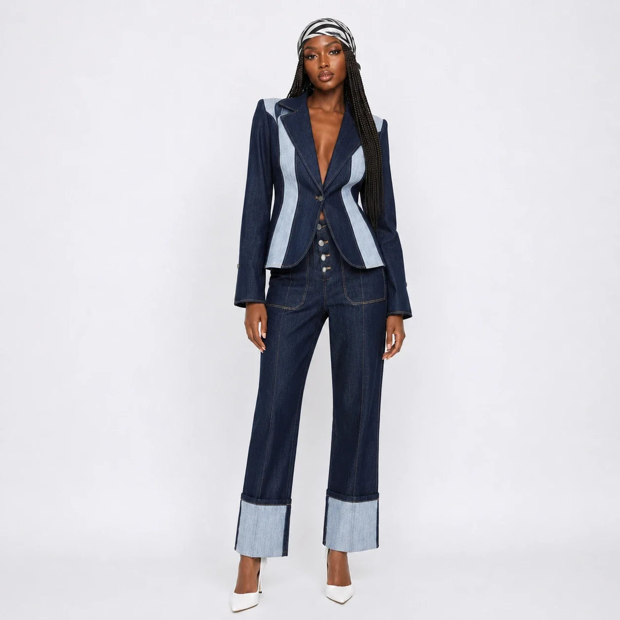 Contrast Panel Denim Suit Set WHD0607034