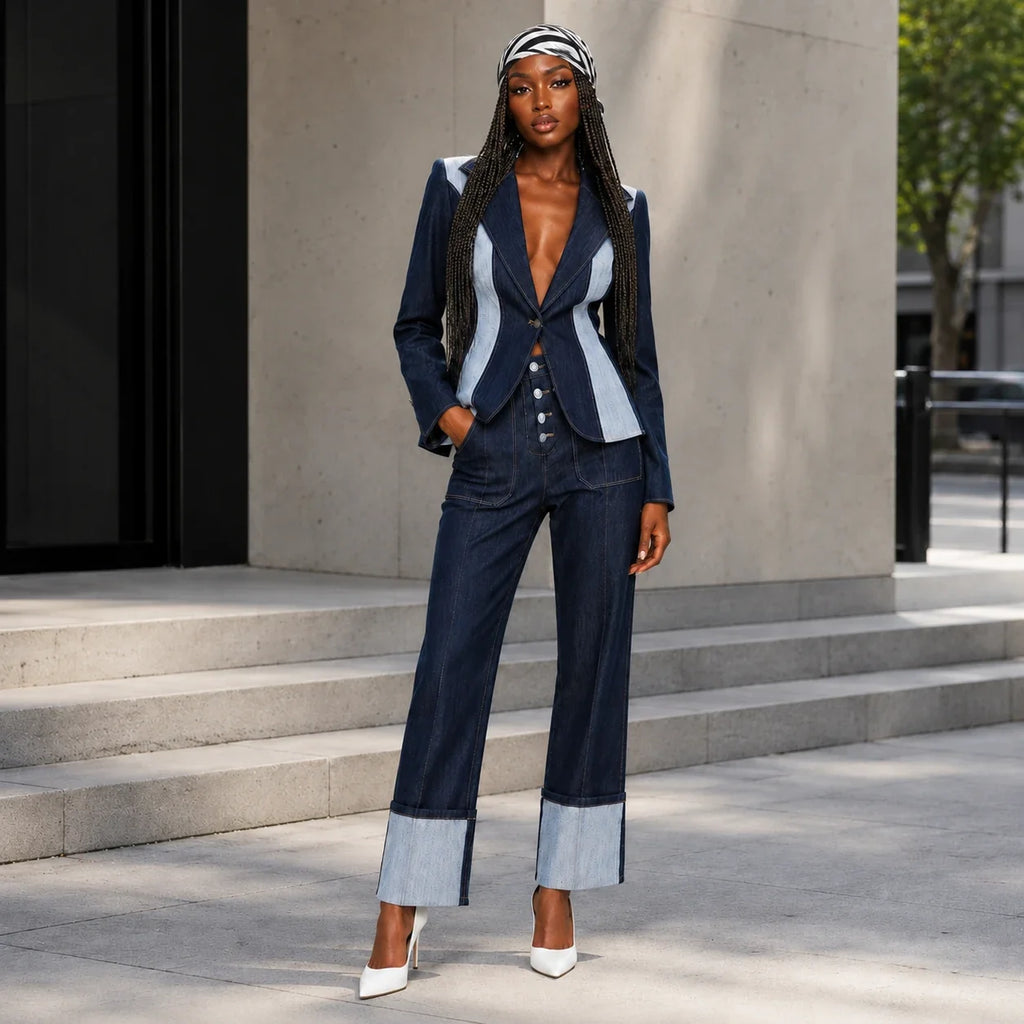 Contrast Panel Denim Suit Set WHD0607034