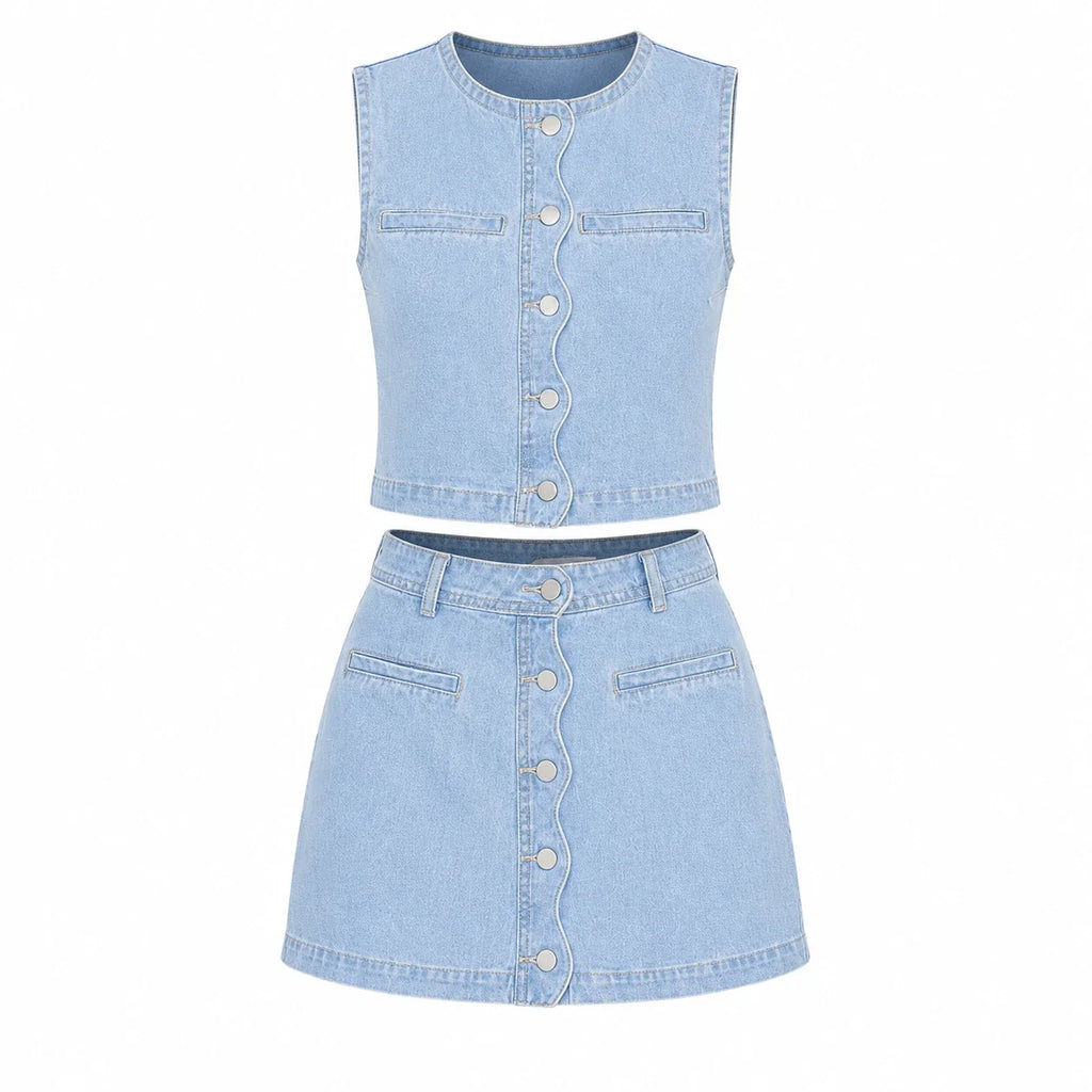 Button Front Denim Skirt Set WHD0607035