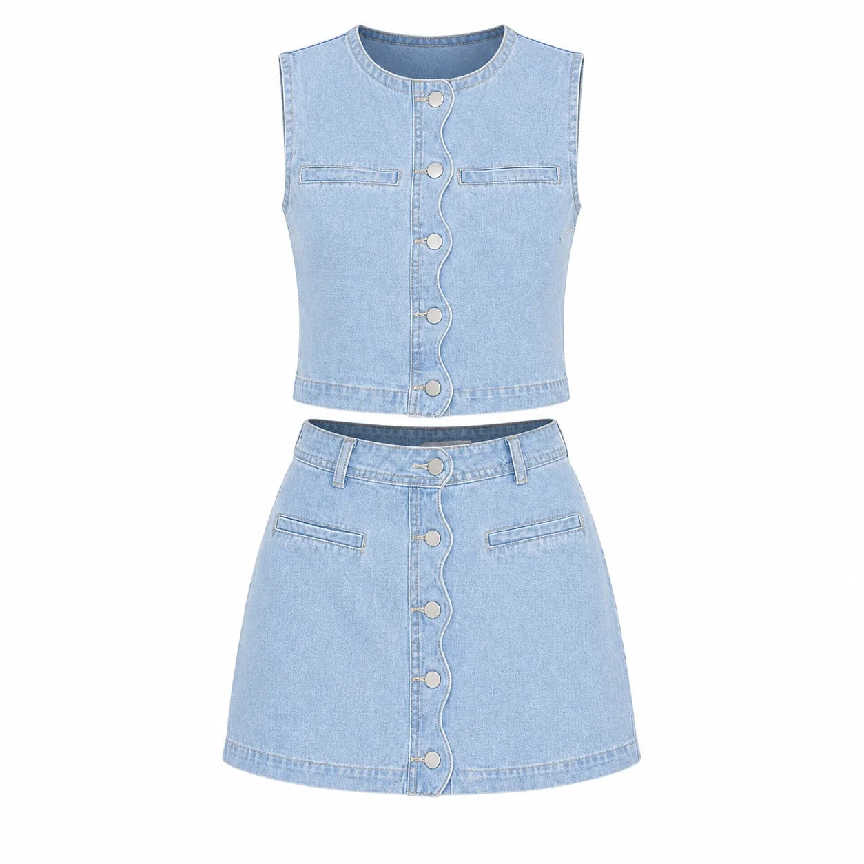 Button Front Denim Skirt Set WHD0607035