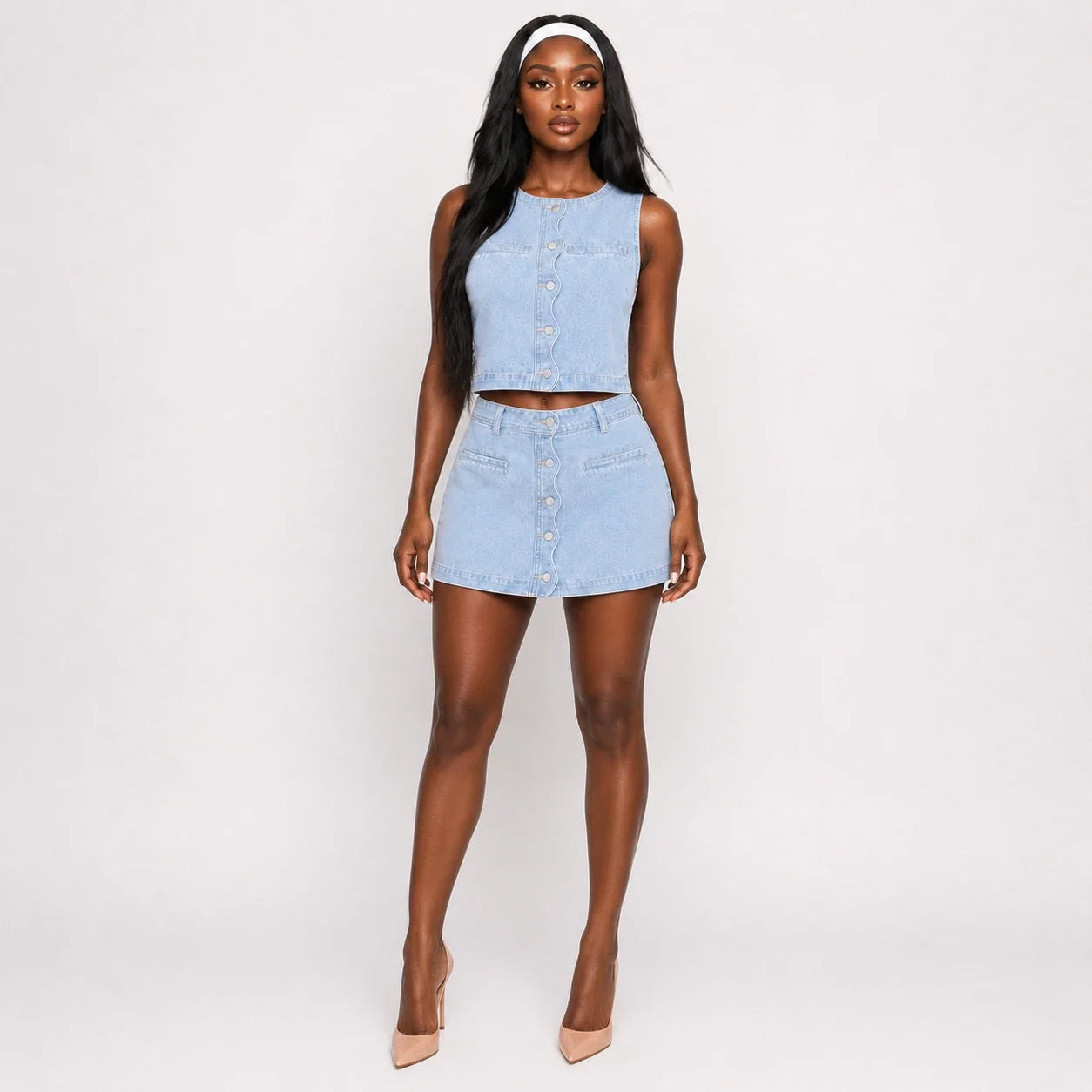 Button Front Denim Skirt Set WHD0607035