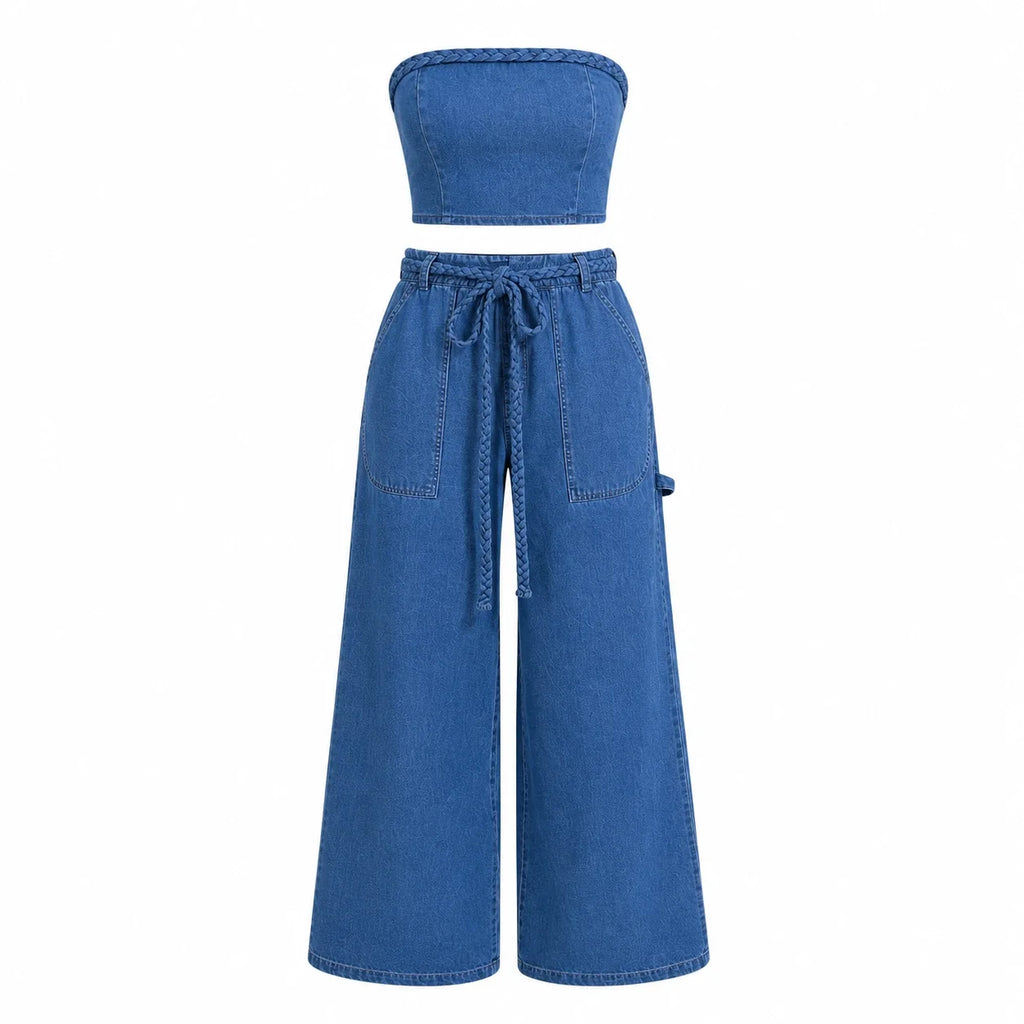 Braided Trim Denim Wide Leg Set WHD0607036