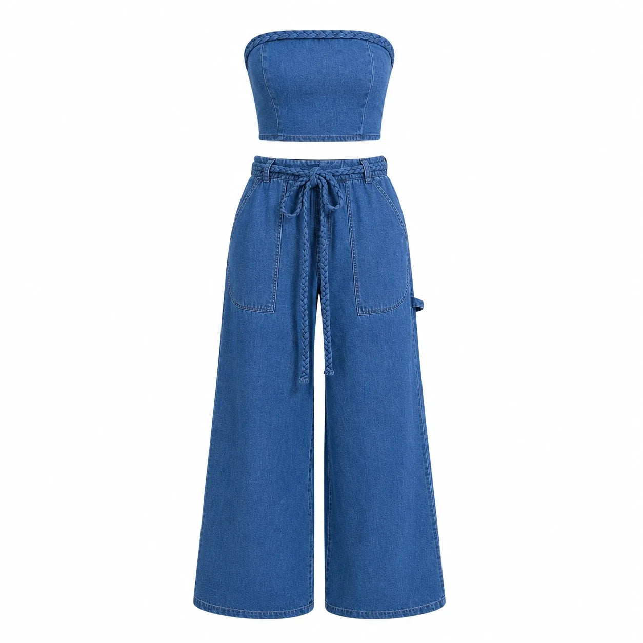 Braided Trim Denim Wide Leg Set WHD0607036