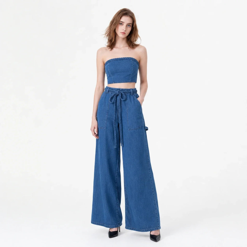 Braided Trim Denim Wide Leg Set WHD0607036