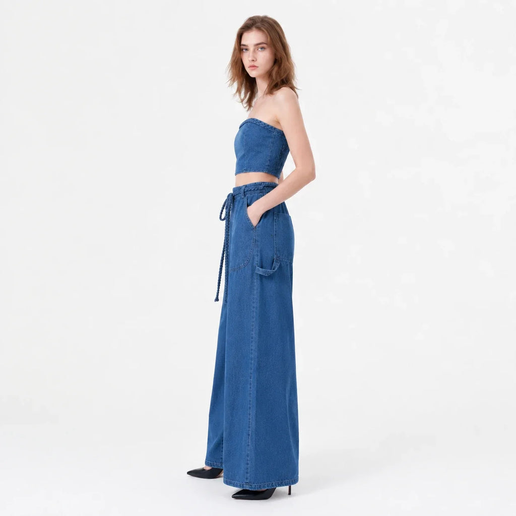 Braided Trim Denim Wide Leg Set WHD0607036