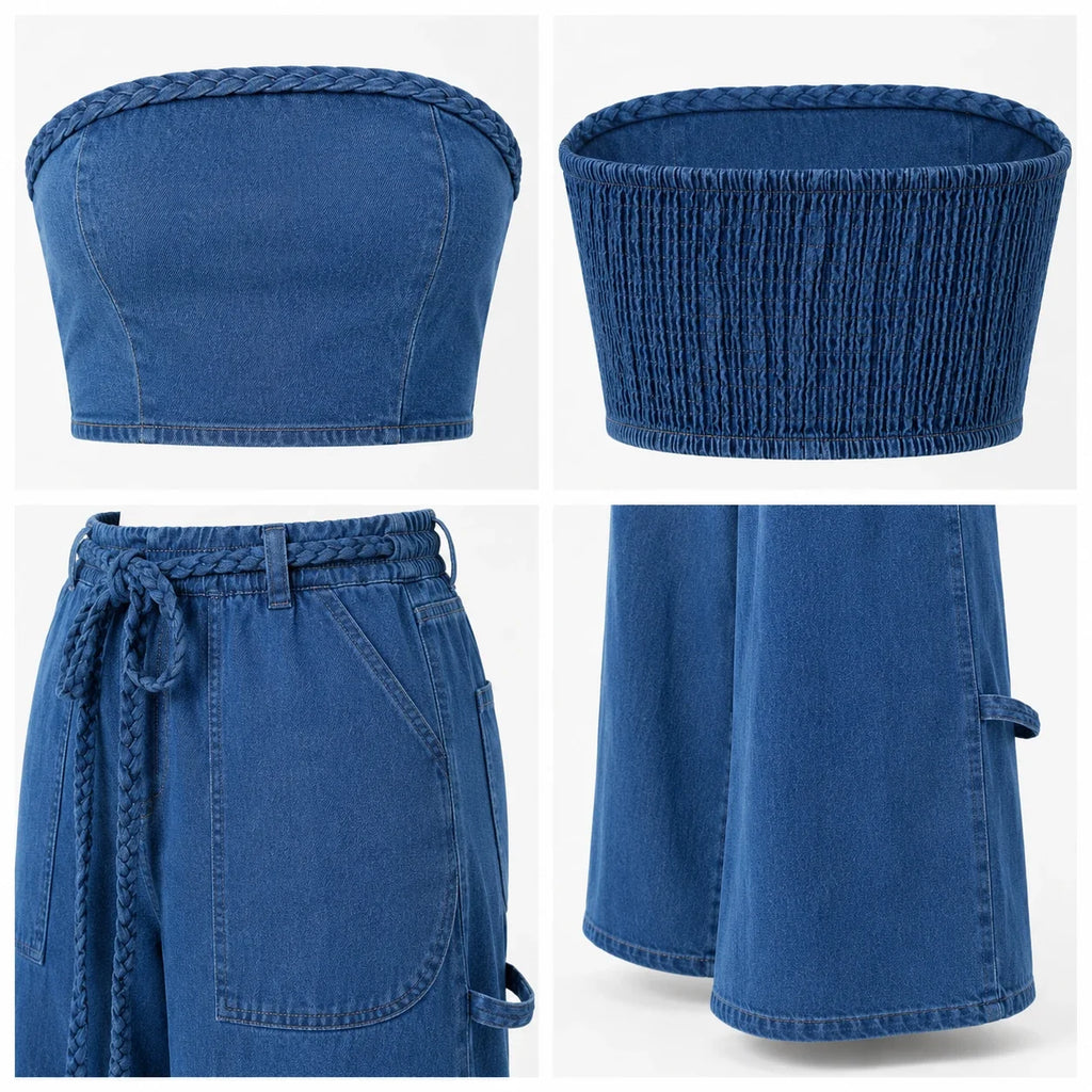 Braided Trim Denim Wide Leg Set WHD0607036