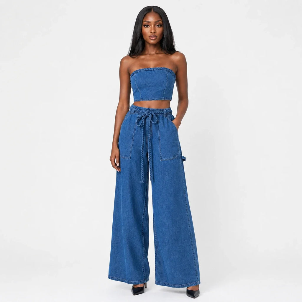 Braided Trim Denim Wide Leg Set WHD0607036