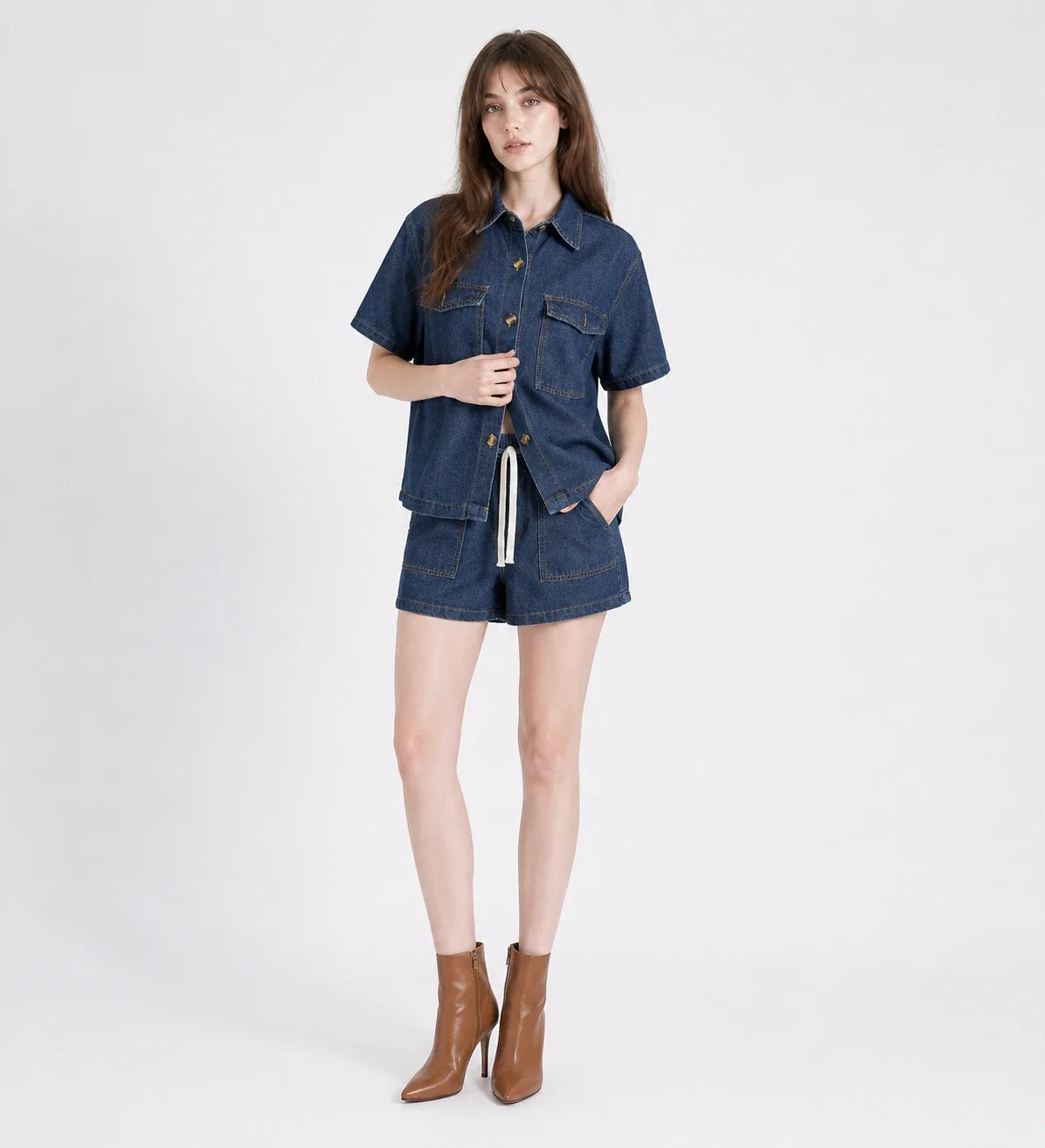 Relaxed Denim Shirt and Shorts Set WHD0607037