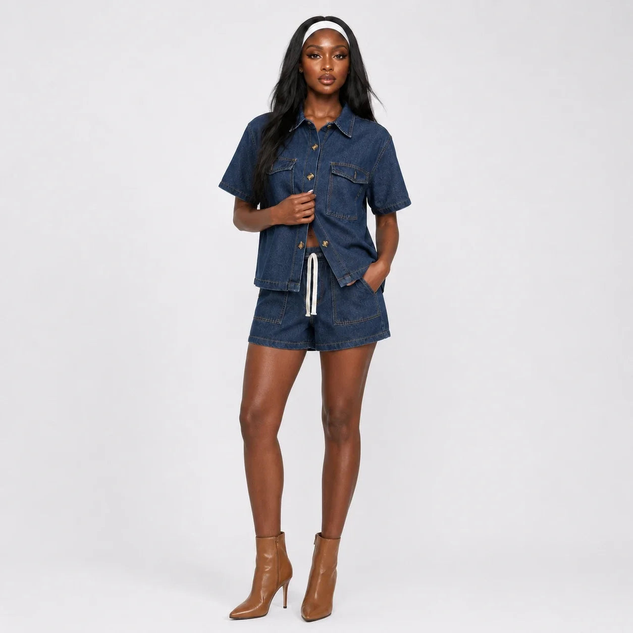 Relaxed Denim Shirt and Shorts Set WHD0607037