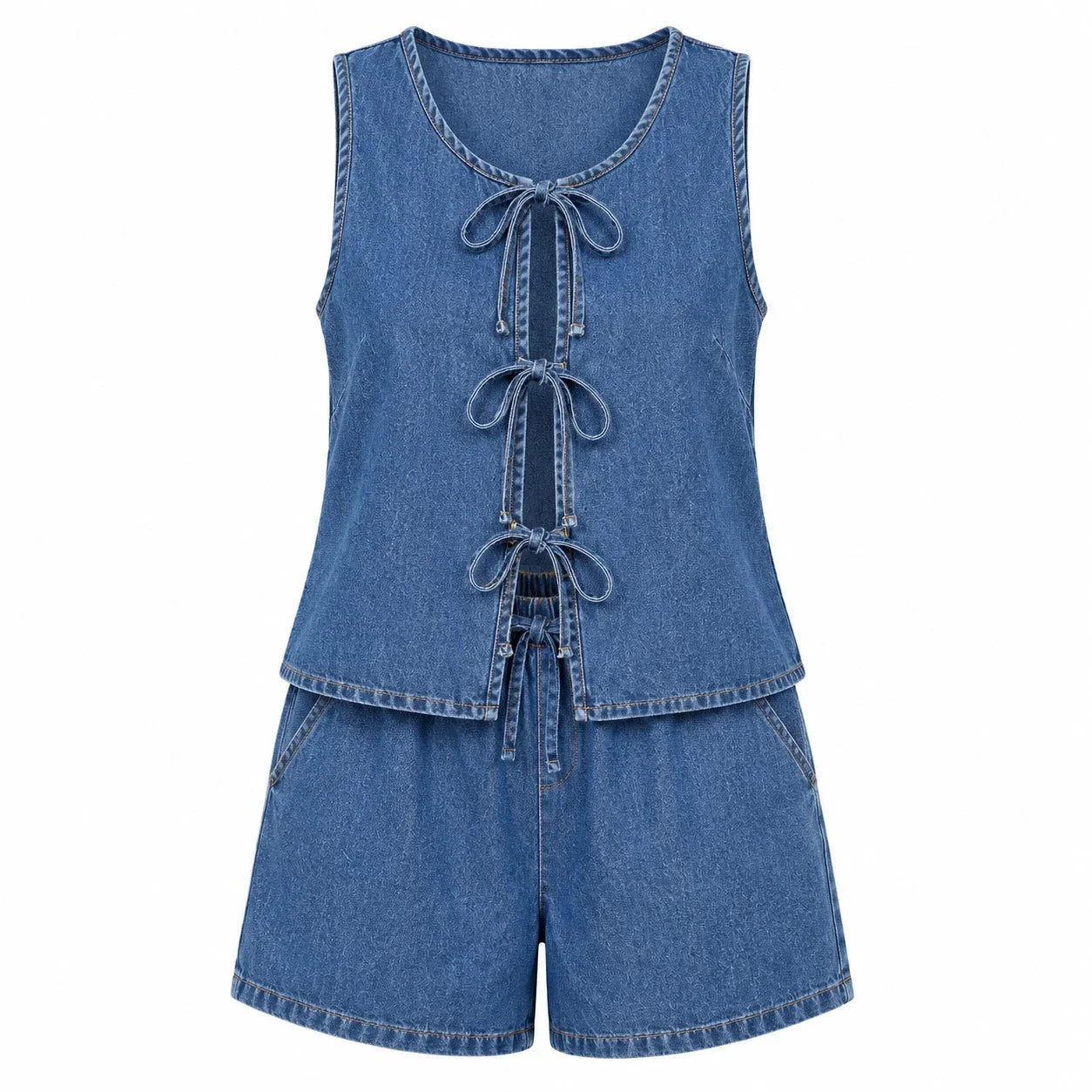 Tie-Front Denim Vest and Shorts Set WHD0607038