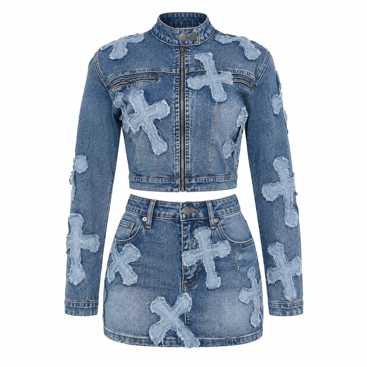 Cross Appliqué Denim Skirt Set WHD0607039