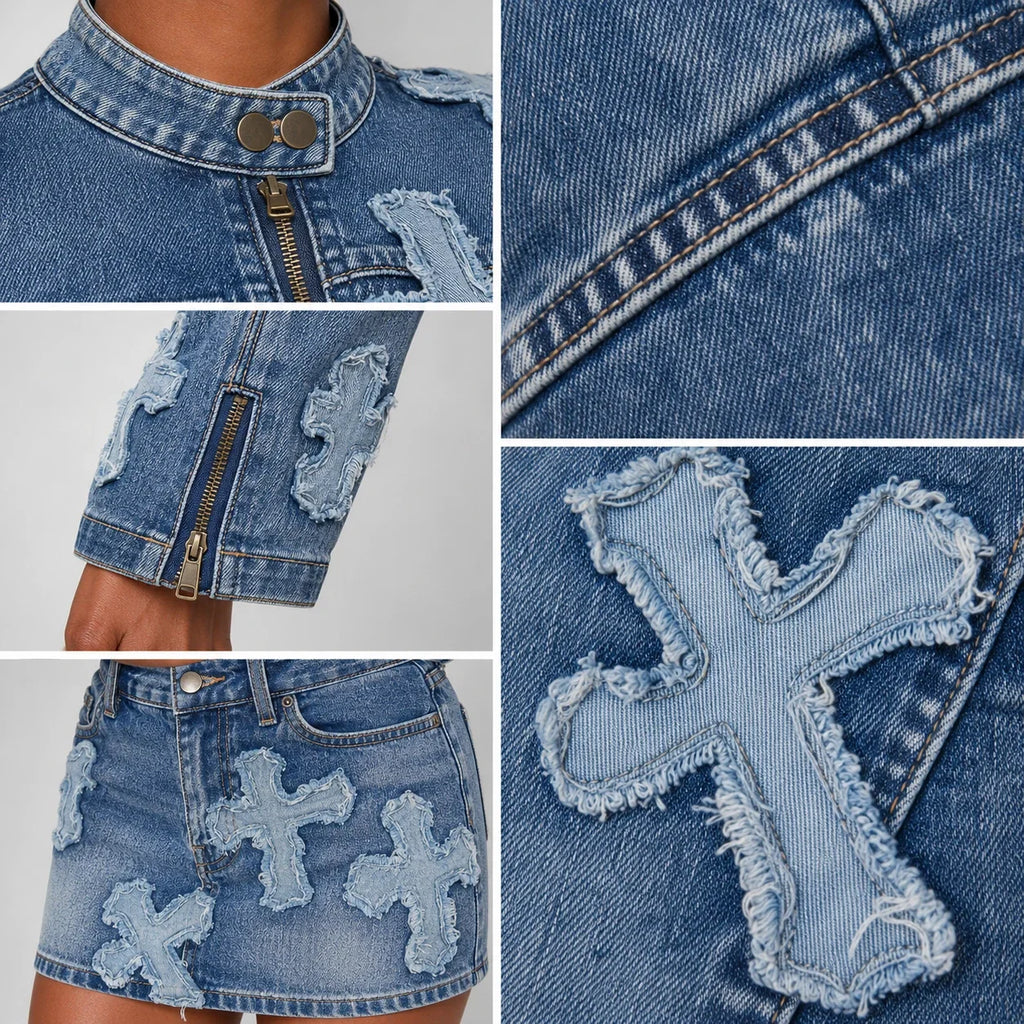 Cross Appliqué Denim Skirt Set WHD0607039