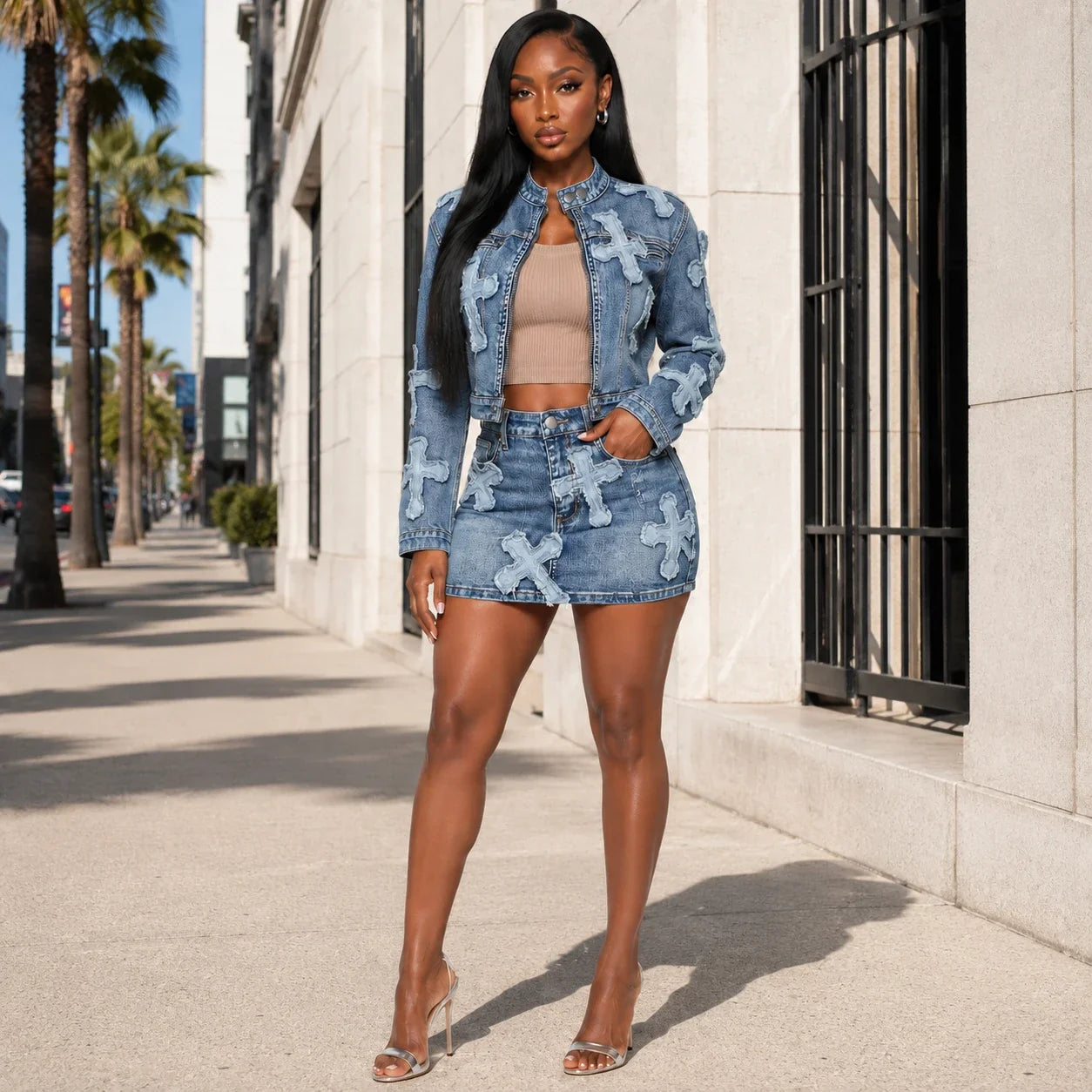 Cross Appliqué Denim Skirt Set WHD0607039