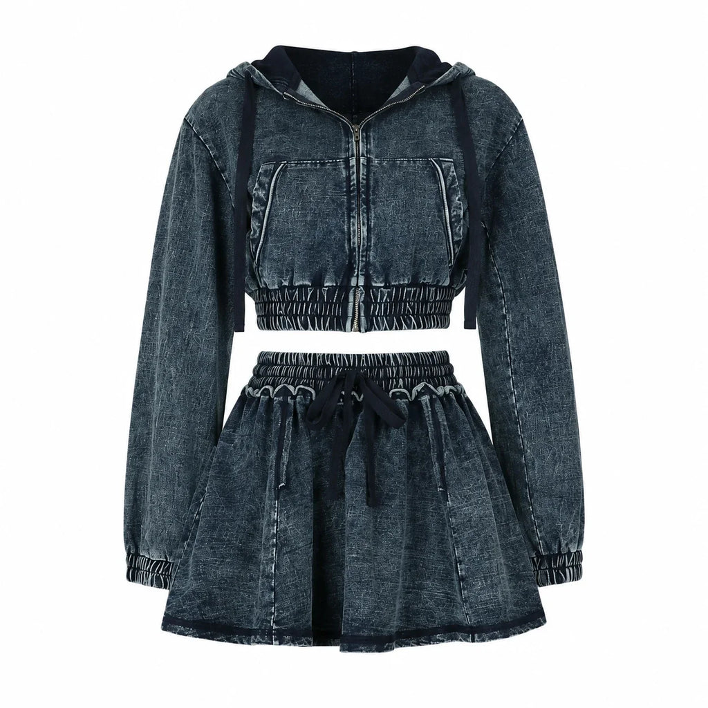 Washed Denim Hooded Skirt Set WHD0607040