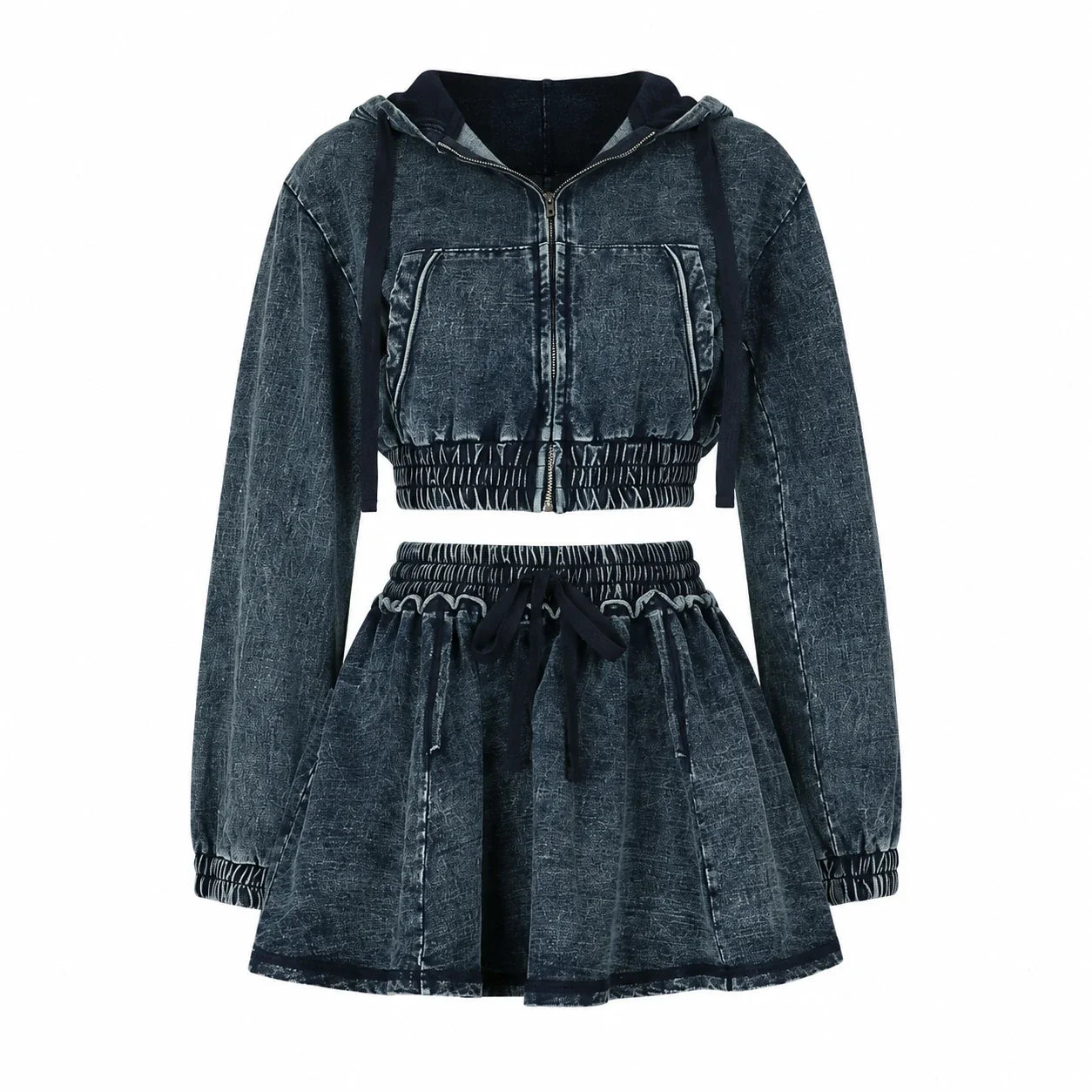 Washed Denim Hooded Skirt Set WHD0607040