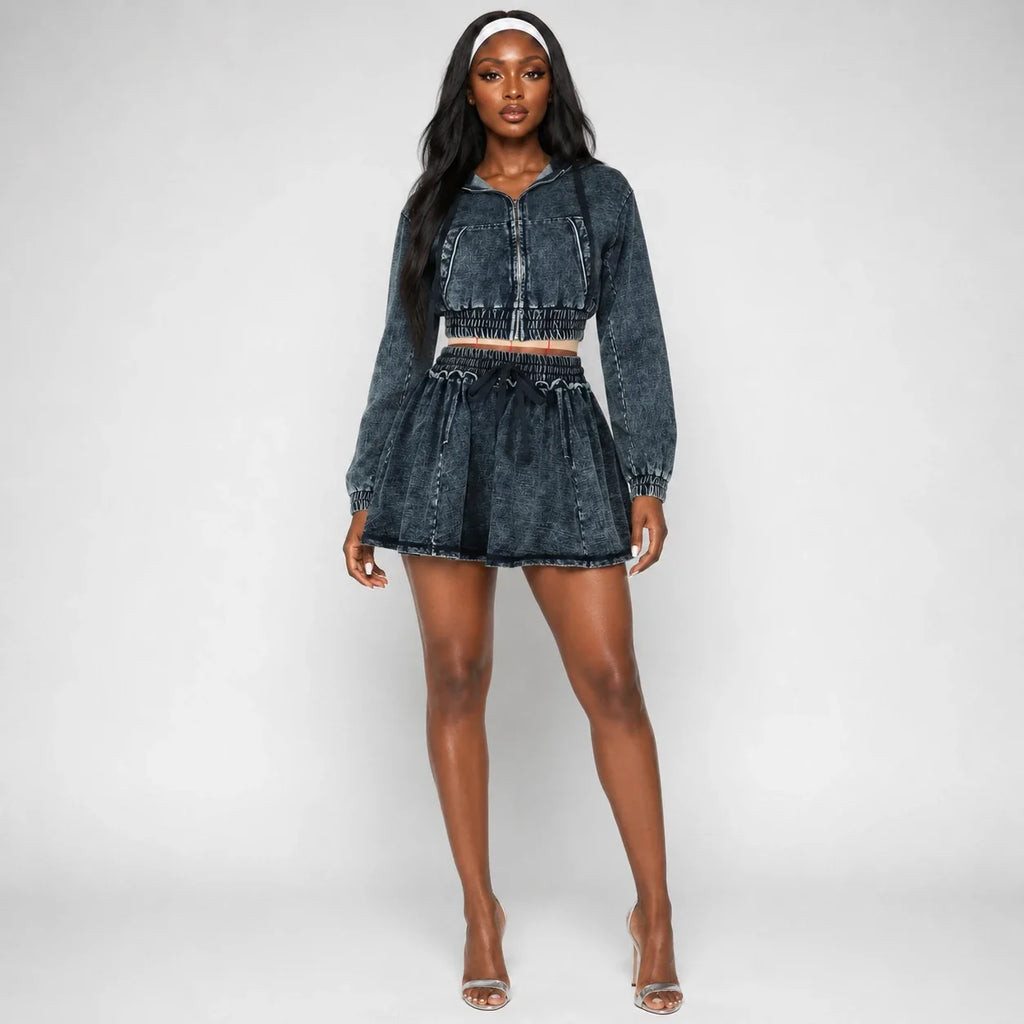 Washed Denim Hooded Skirt Set WHD0607040