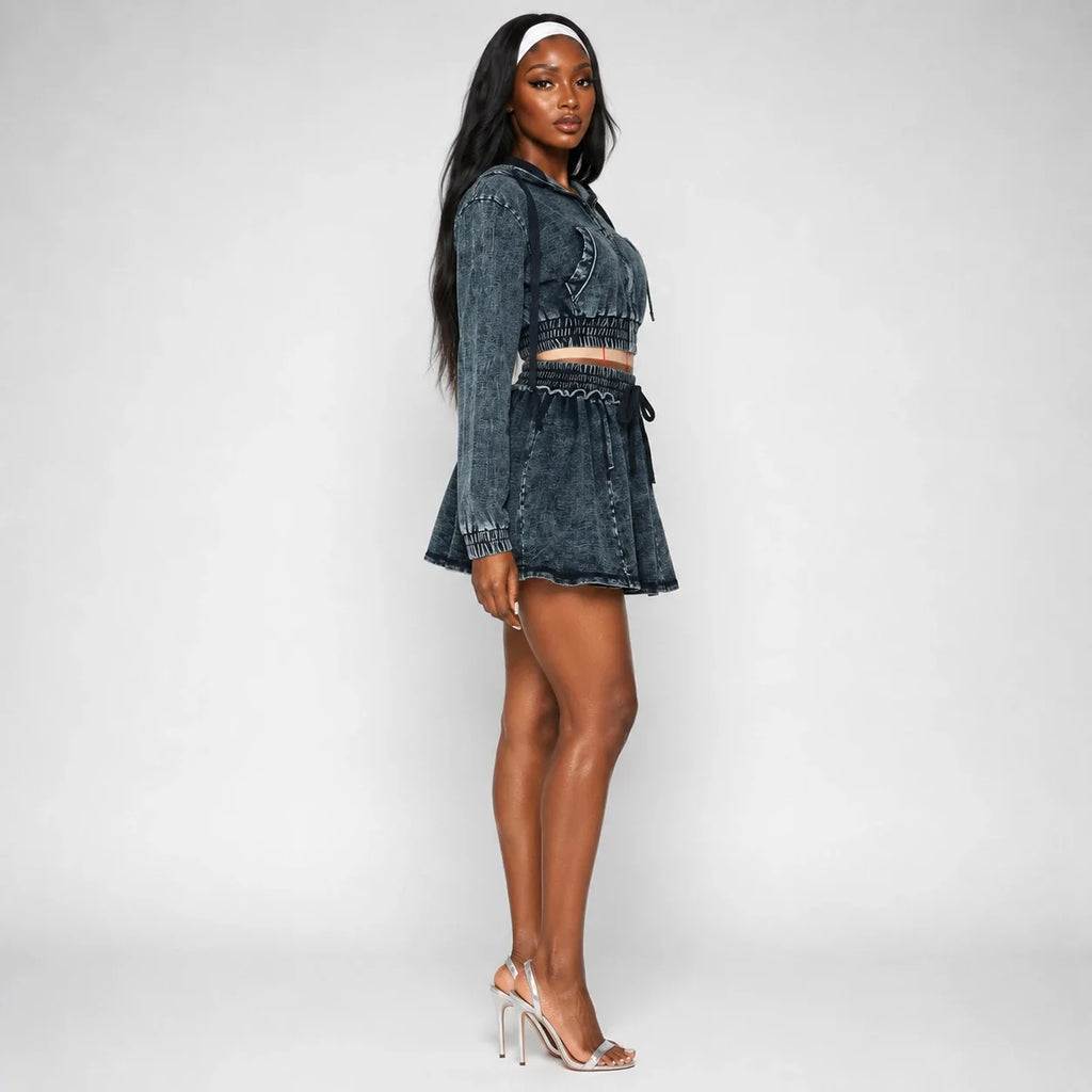 Washed Denim Hooded Skirt Set WHD0607040