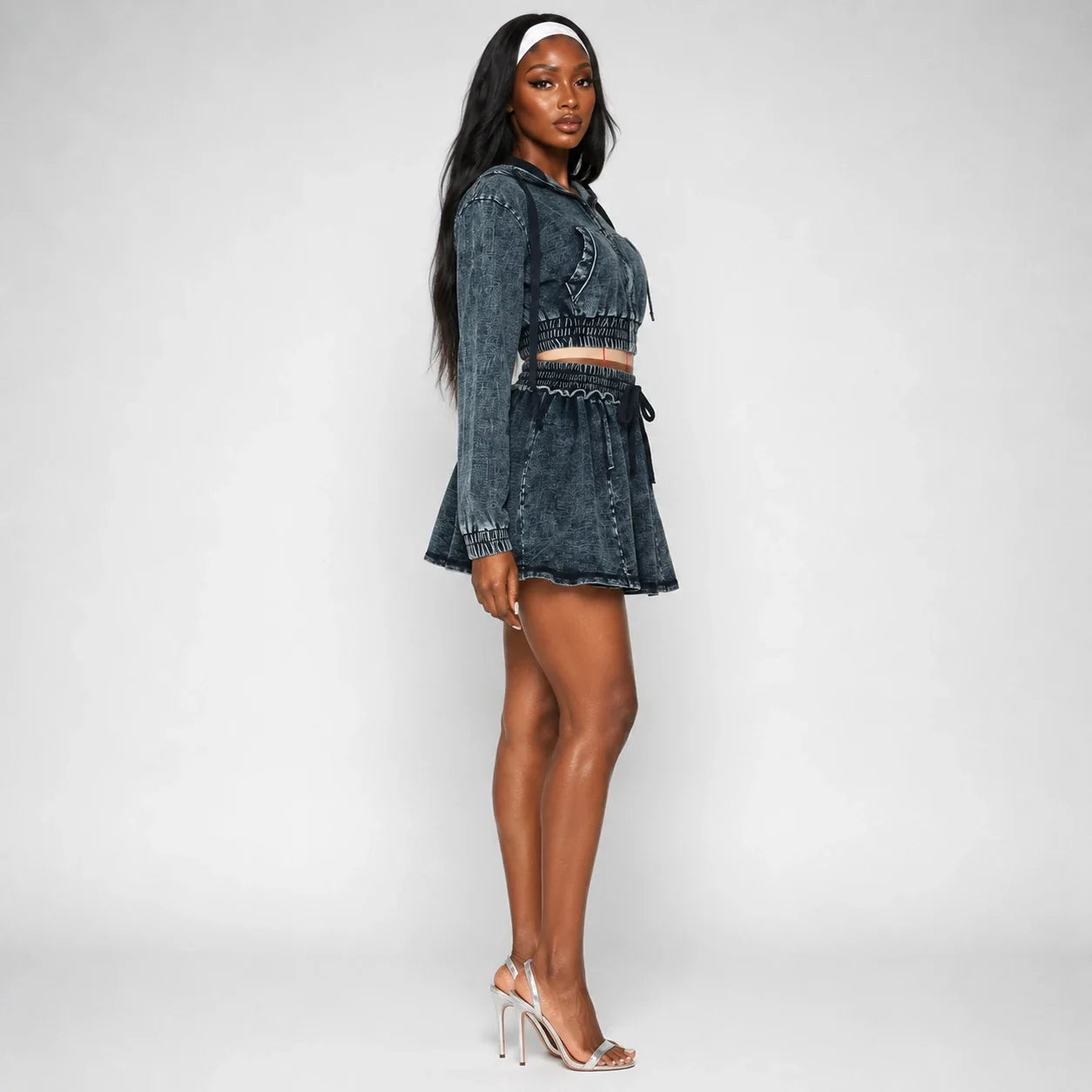 Washed Denim Hooded Skirt Set WHD0607040