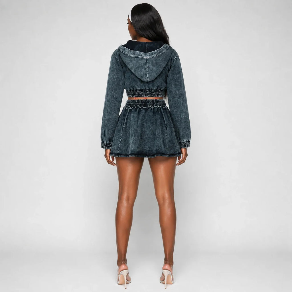 Washed Denim Hooded Skirt Set WHD0607040