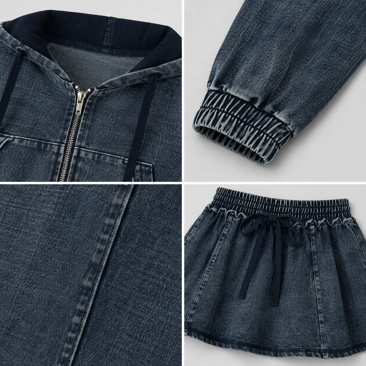Washed Denim Hooded Skirt Set WHD0607040