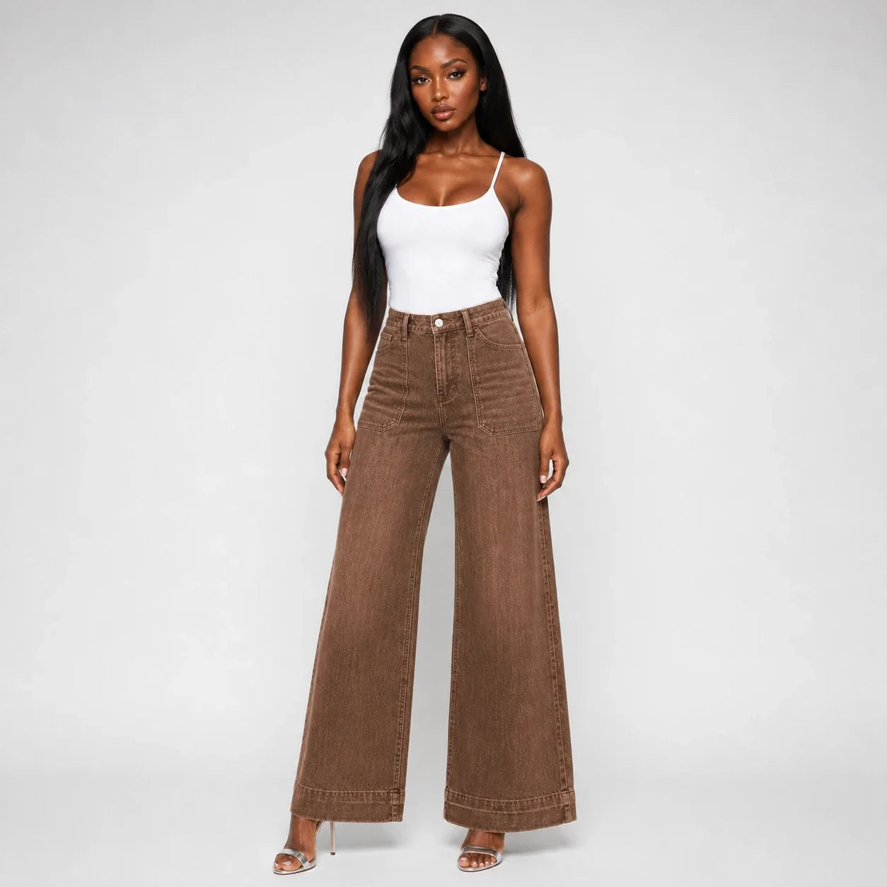 Washed Brown Wide Leg Jeans WHD0607041