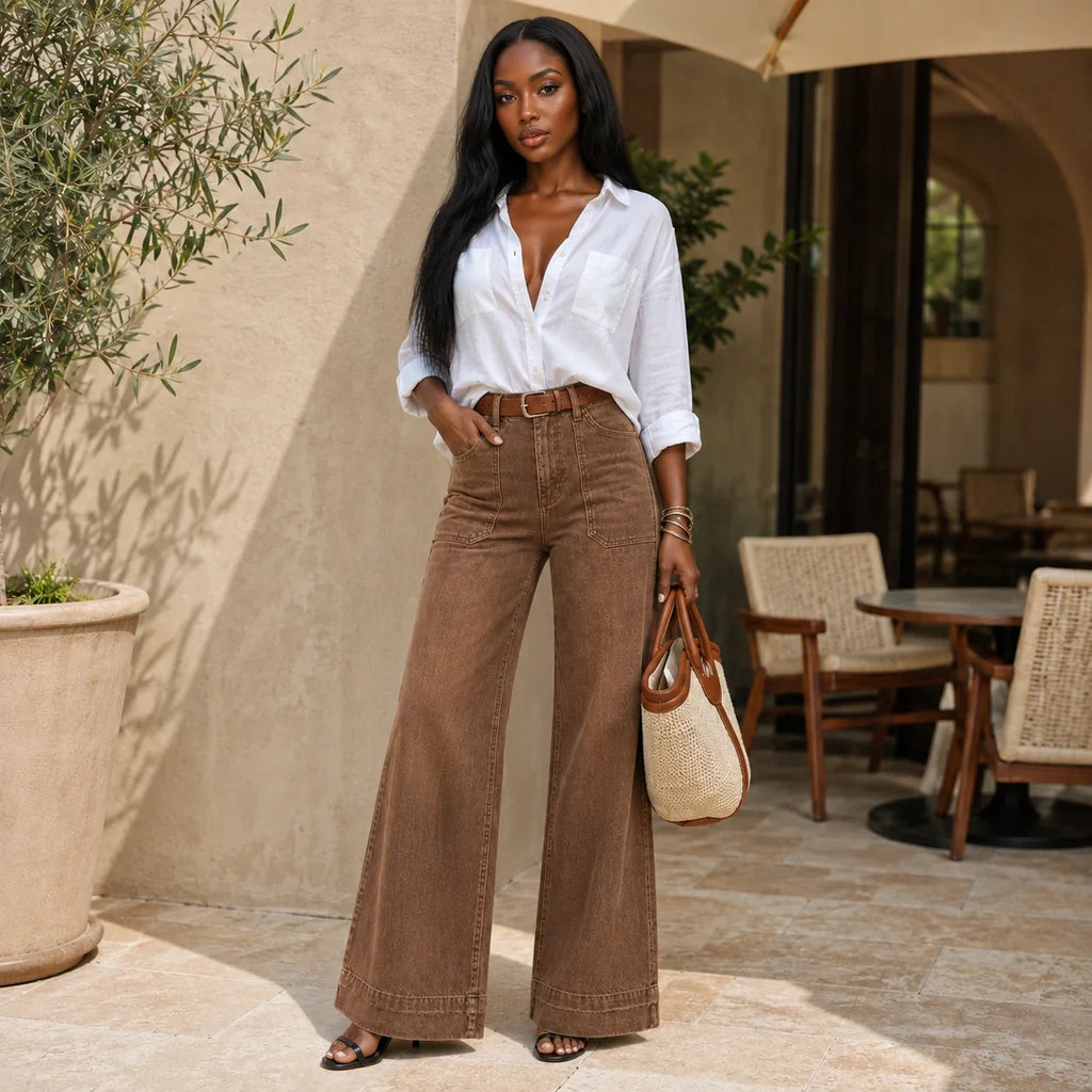 Washed Brown Wide Leg Jeans WHD0607041