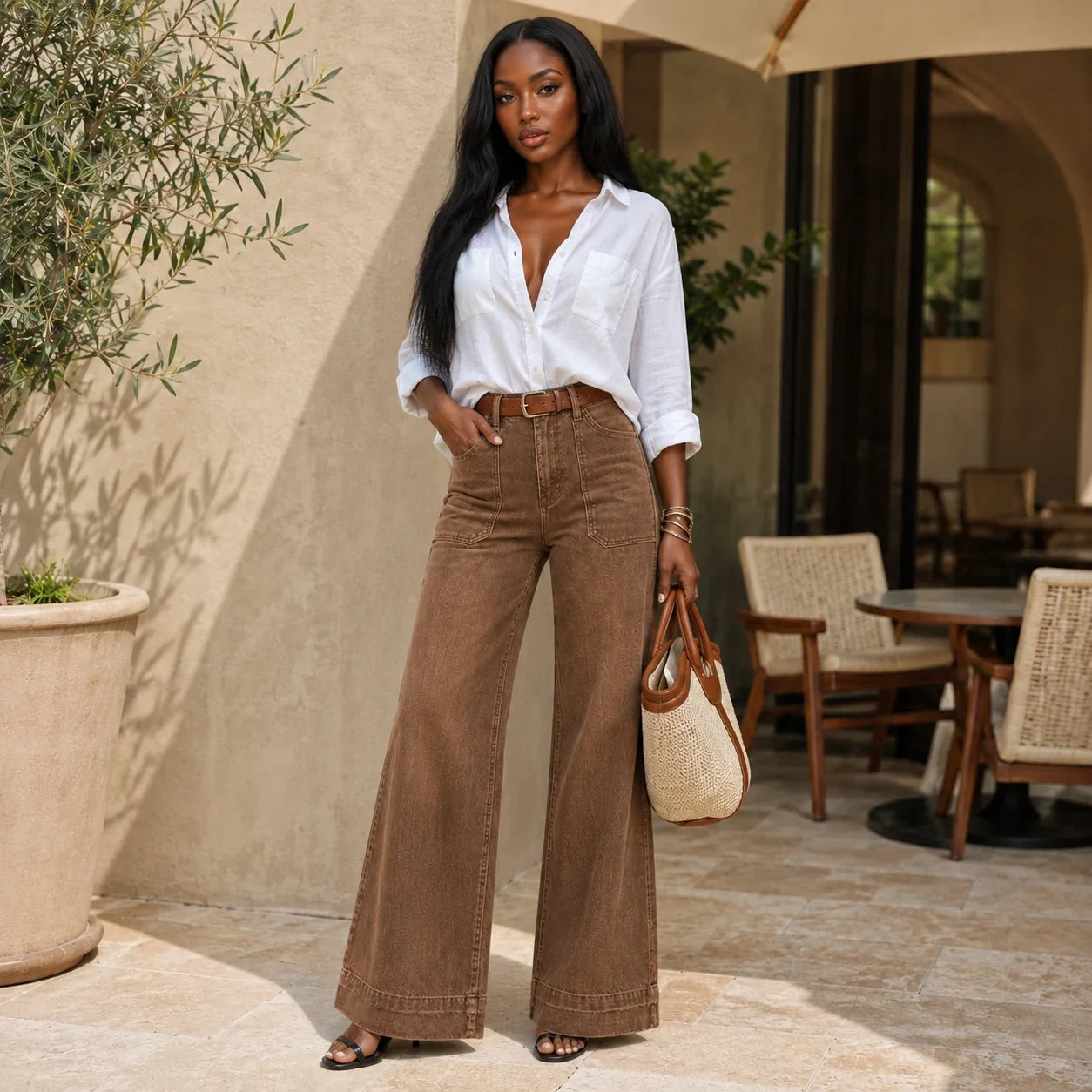 Washed Brown Wide Leg Jeans WHD0607041