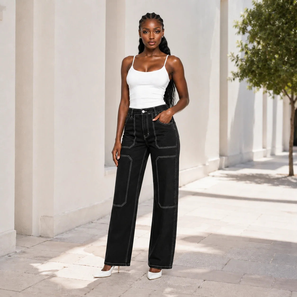Contrast Stitch Wide Leg Utility Pants WHD0607042