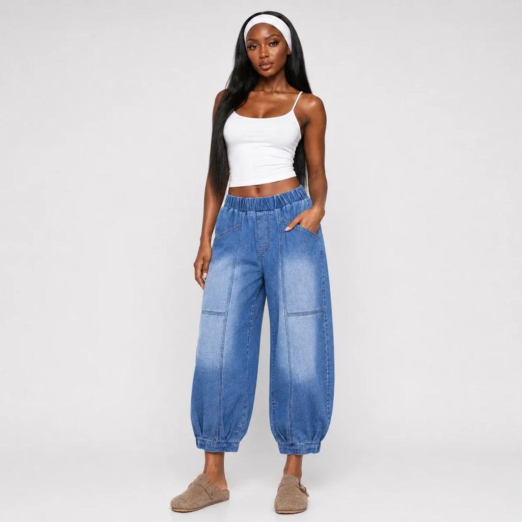 Washed Denim Balloon Leg Pants WHD0607046