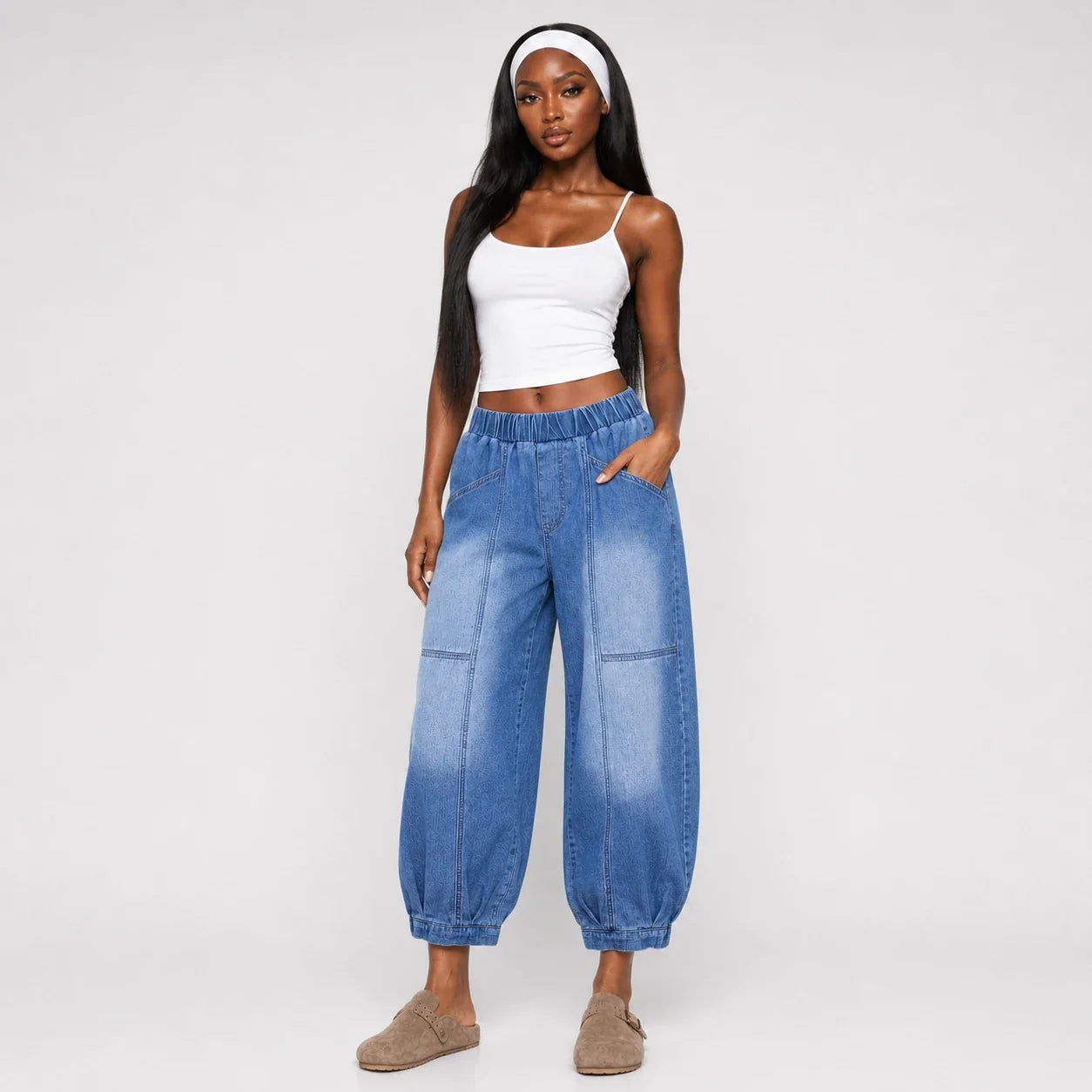 Washed Denim Balloon Leg Pants WHD0607046