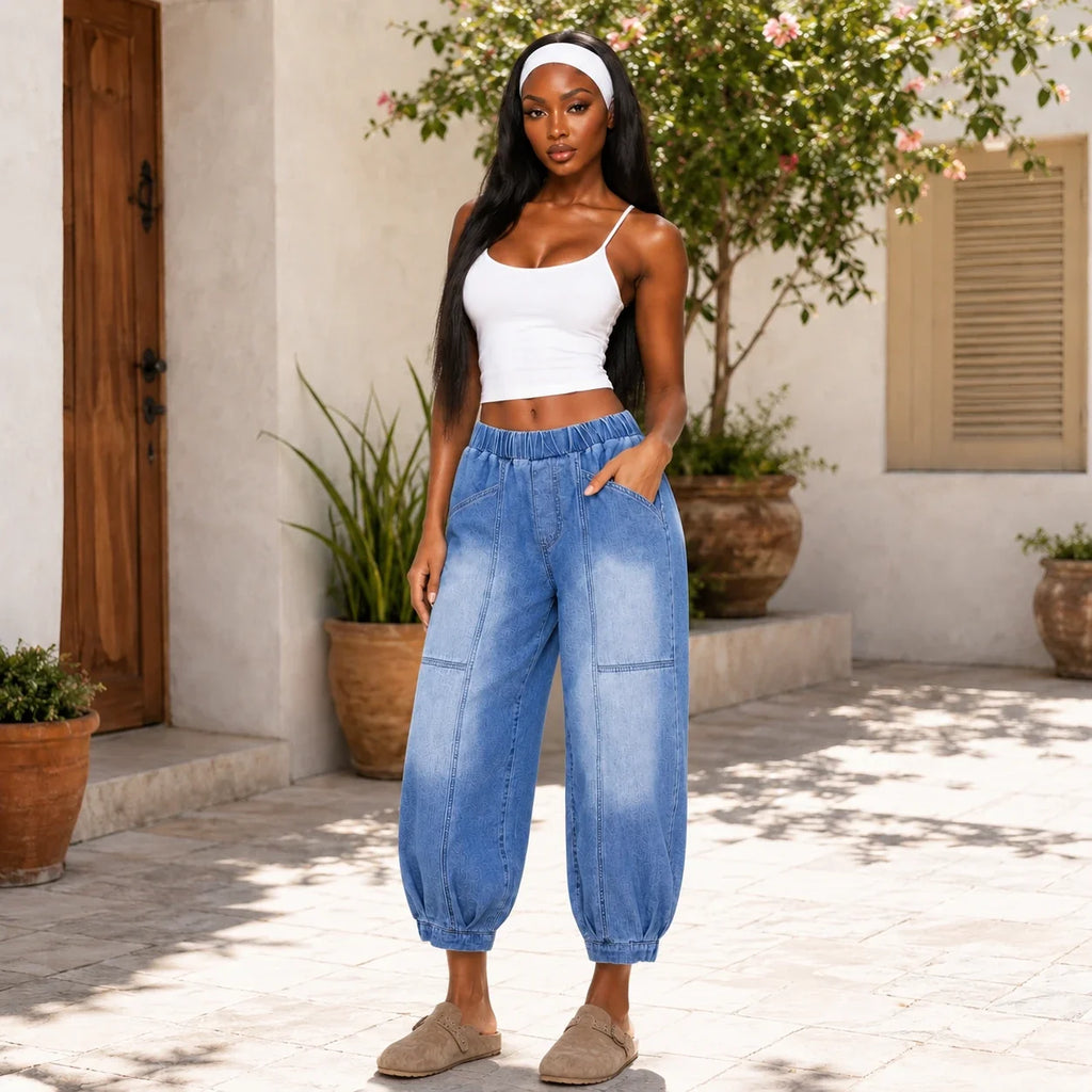Washed Denim Balloon Leg Pants WHD0607046