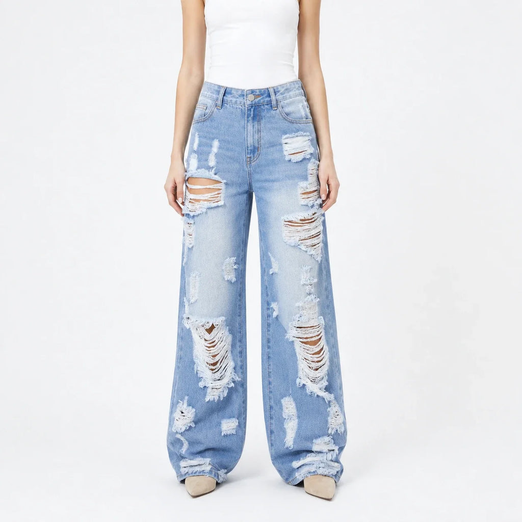 Extreme Distressed Wide Leg Jeans WHD0607047