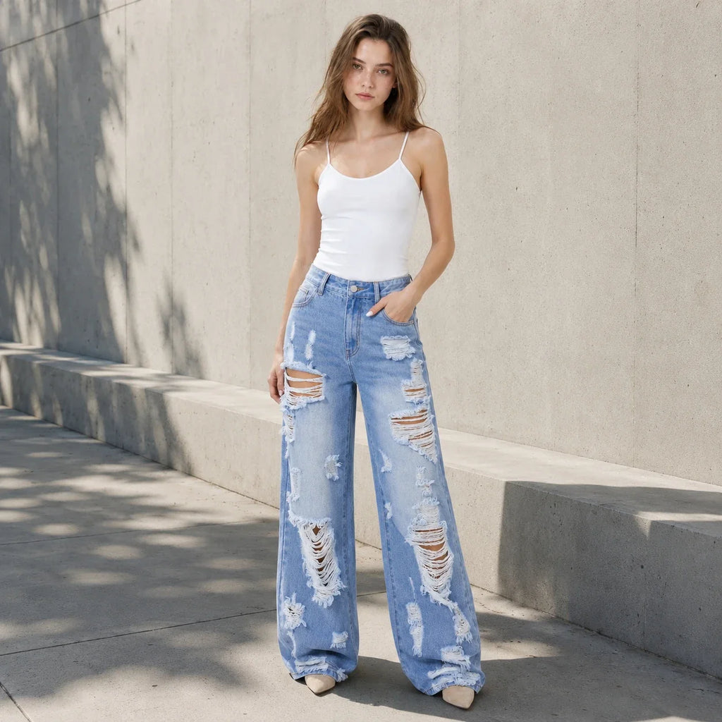 Extreme Distressed Wide Leg Jeans WHD0607047