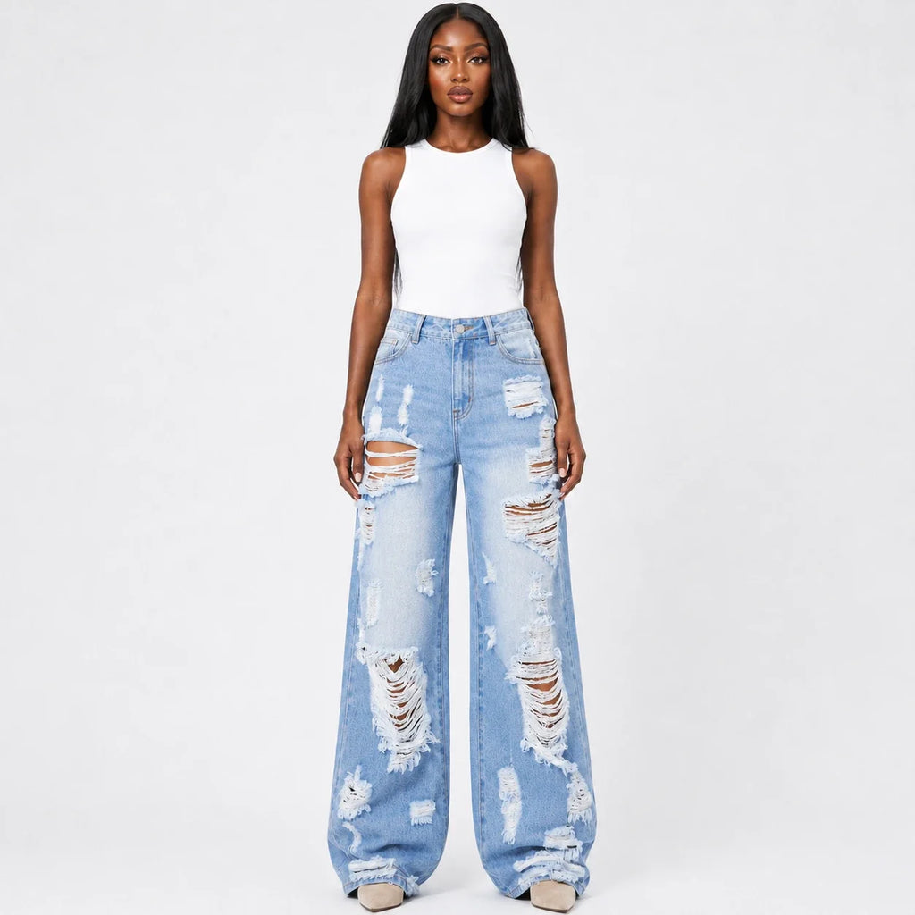 Extreme Distressed Wide Leg Jeans WHD0607047