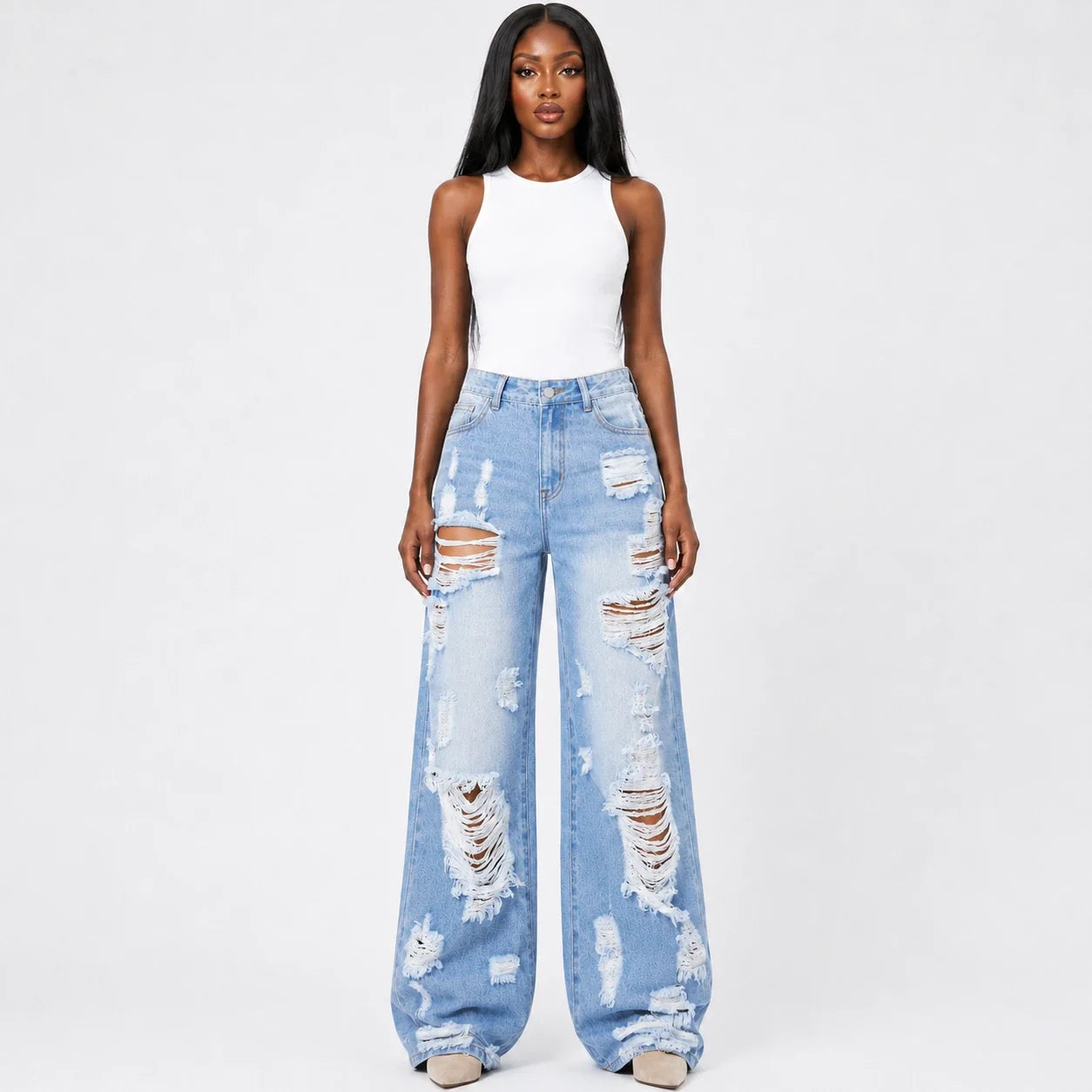 Extreme Distressed Wide Leg Jeans WHD0607047