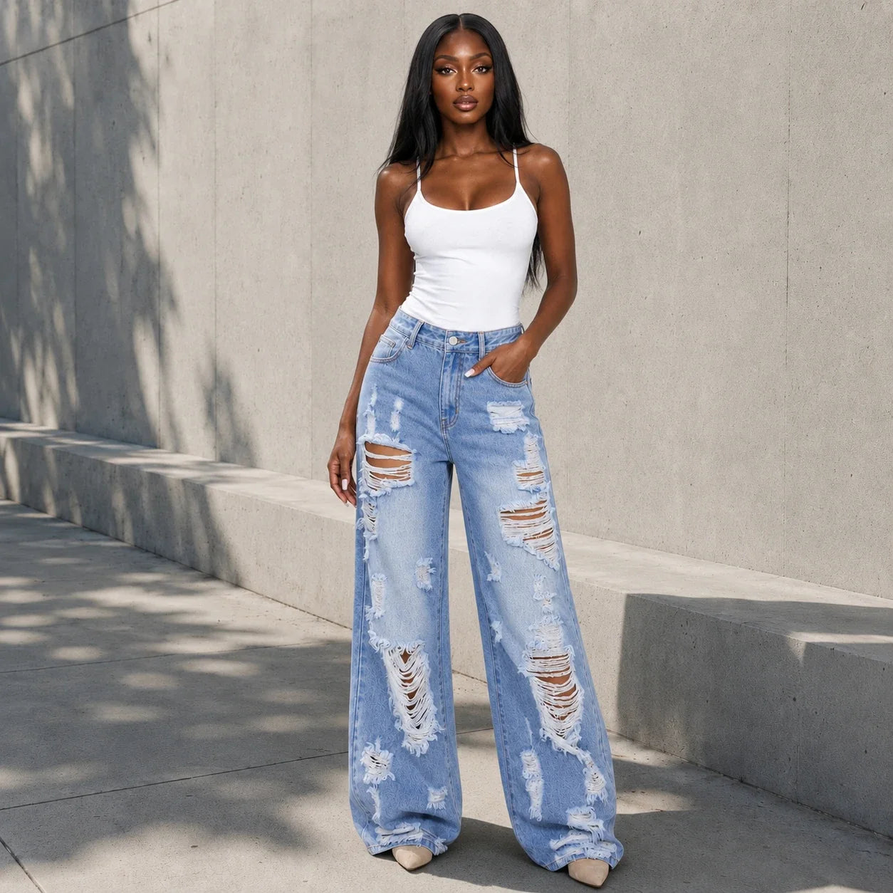Extreme Distressed Wide Leg Jeans WHD0607047