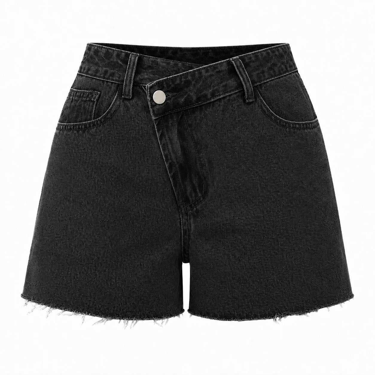Asymmetric Waist Raw Hem Denim Shorts WHD0607048